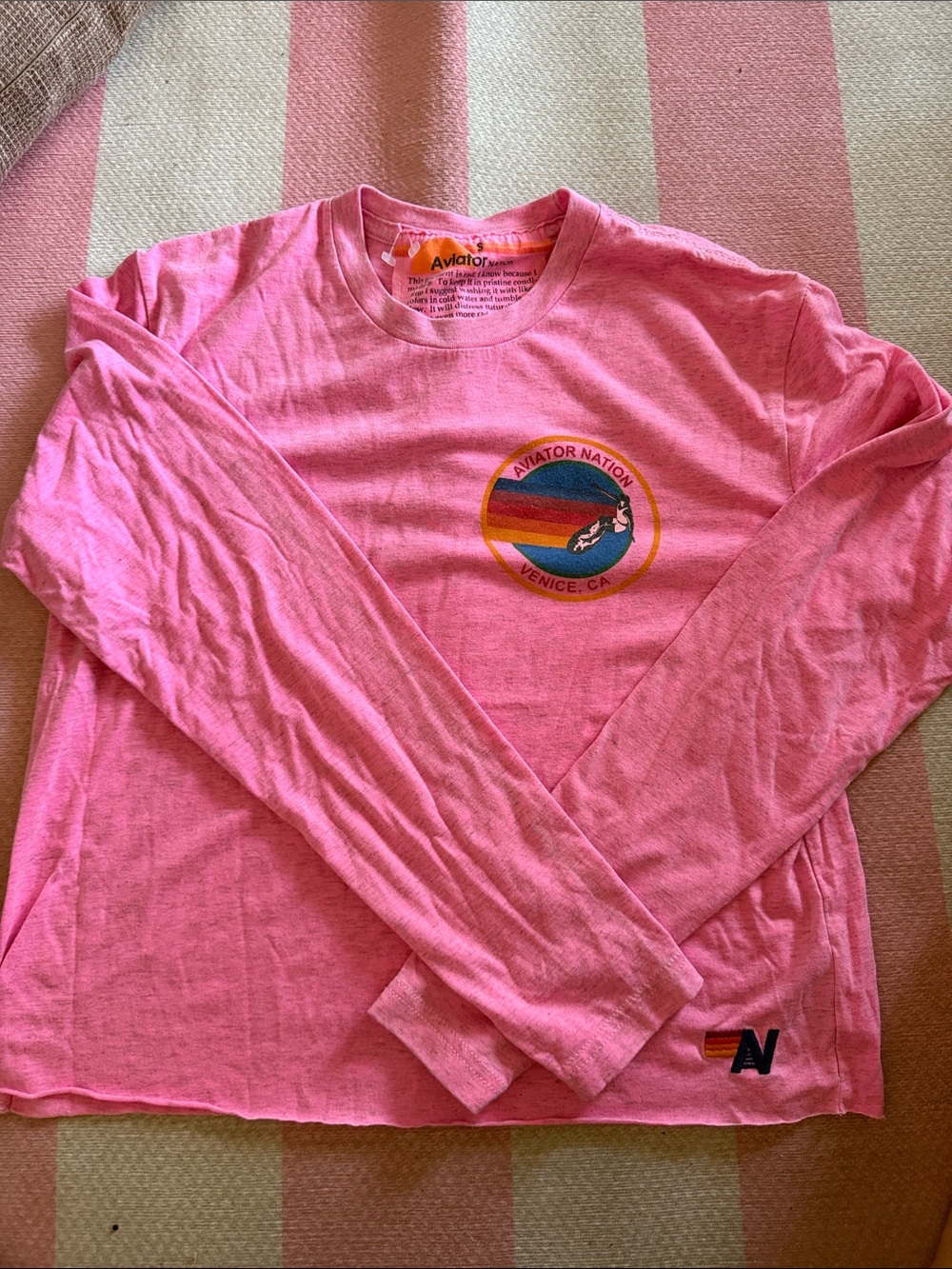 Aviator Nation Women's Pink Long Sleeve Tee with Rainbow Logo